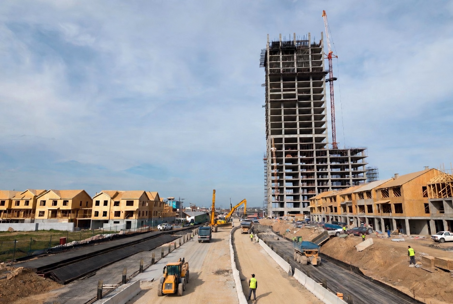 Construction site with townhouses, a concrete tower and heavy equipment