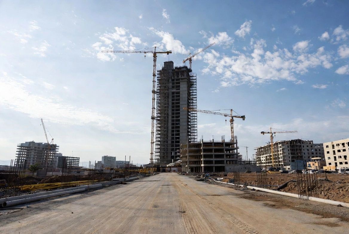 Construction site with concrete structures and tower cranes