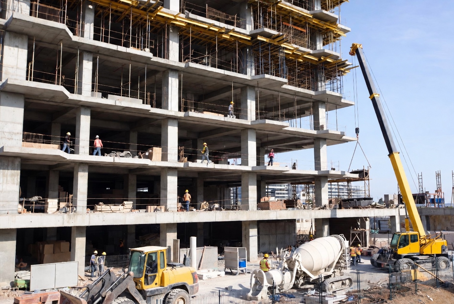 Concrete construction with a mobile crane, loader and mixer