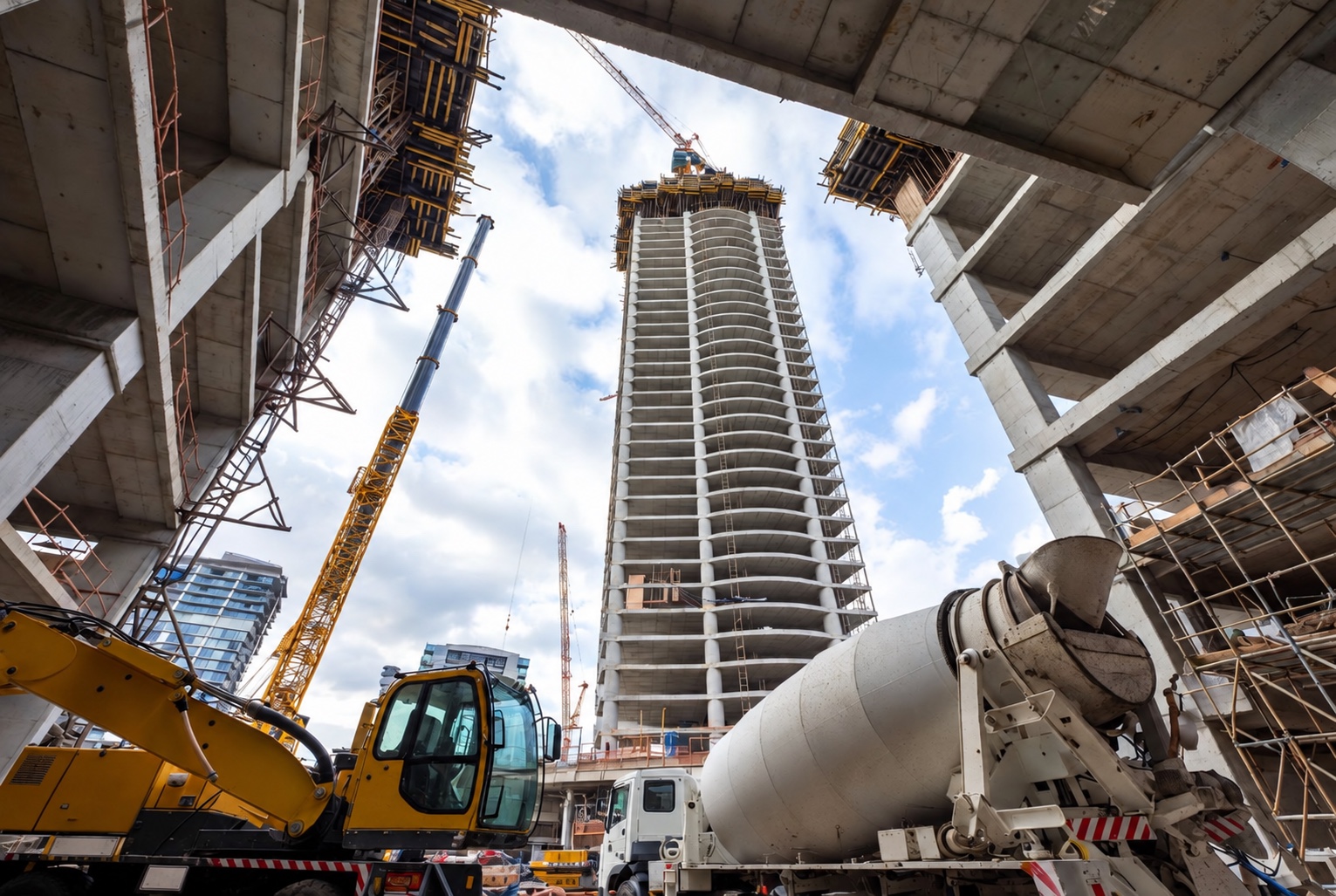 Concrete structure framed by a crane and mixer truck